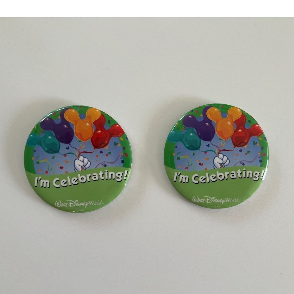 Disney World Im Celebrating Mickey Mouse Balloon Button Pin Set of 2 Green 3"